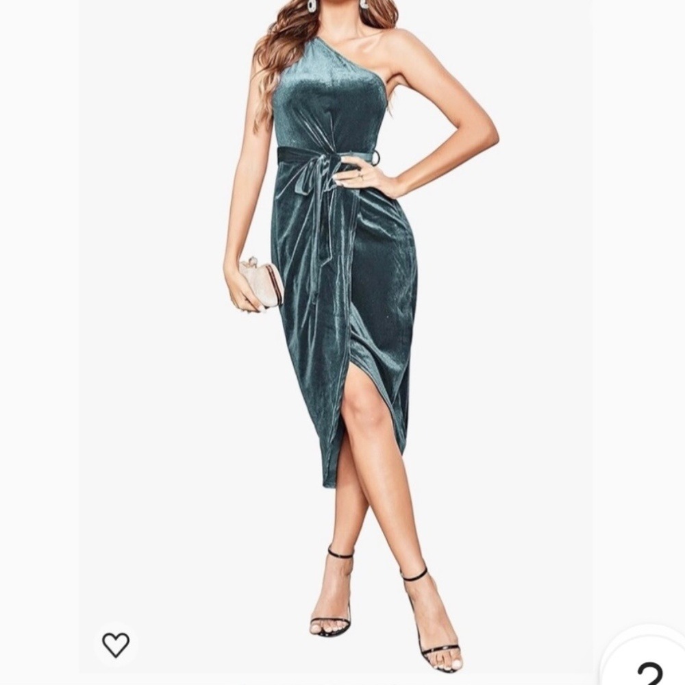 MEROKEETY One Shoulder Velvet Cocktail Midi Dress‎ L Green Preppy